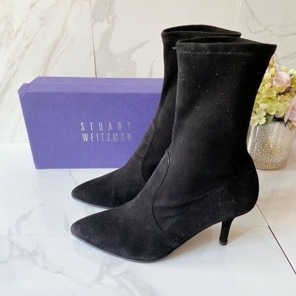 Stuart Weitzman Wren Pointed Toe Heel Ankle Sock Boots Black Suede US 4.5 Spain - Picture 2 of 9